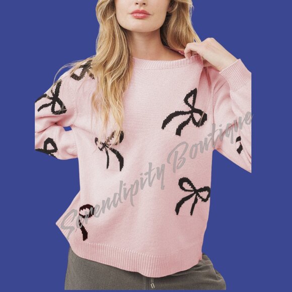 Serendipity Boutique Sweaters - Baggy Slouchy Stretchy Cozy Soft Long Sleeve Oversize Crew Neck Pink Bow Sweater